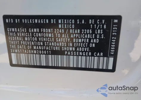 2017 Volkswagen Jetta Gli z USA, uszkodzony, nr VIN 3VW5T7AJ8HM280611